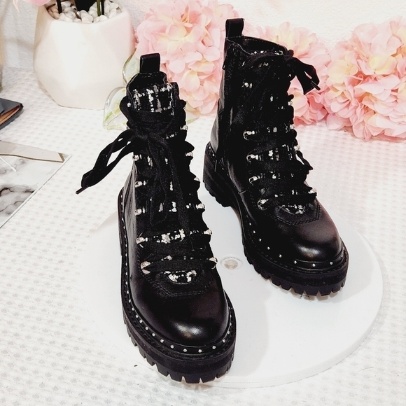 STEVE MADDEN Black Rainier Leather & Tweed Moto Combat Boots Size 5.5M - Picture 6 of 10